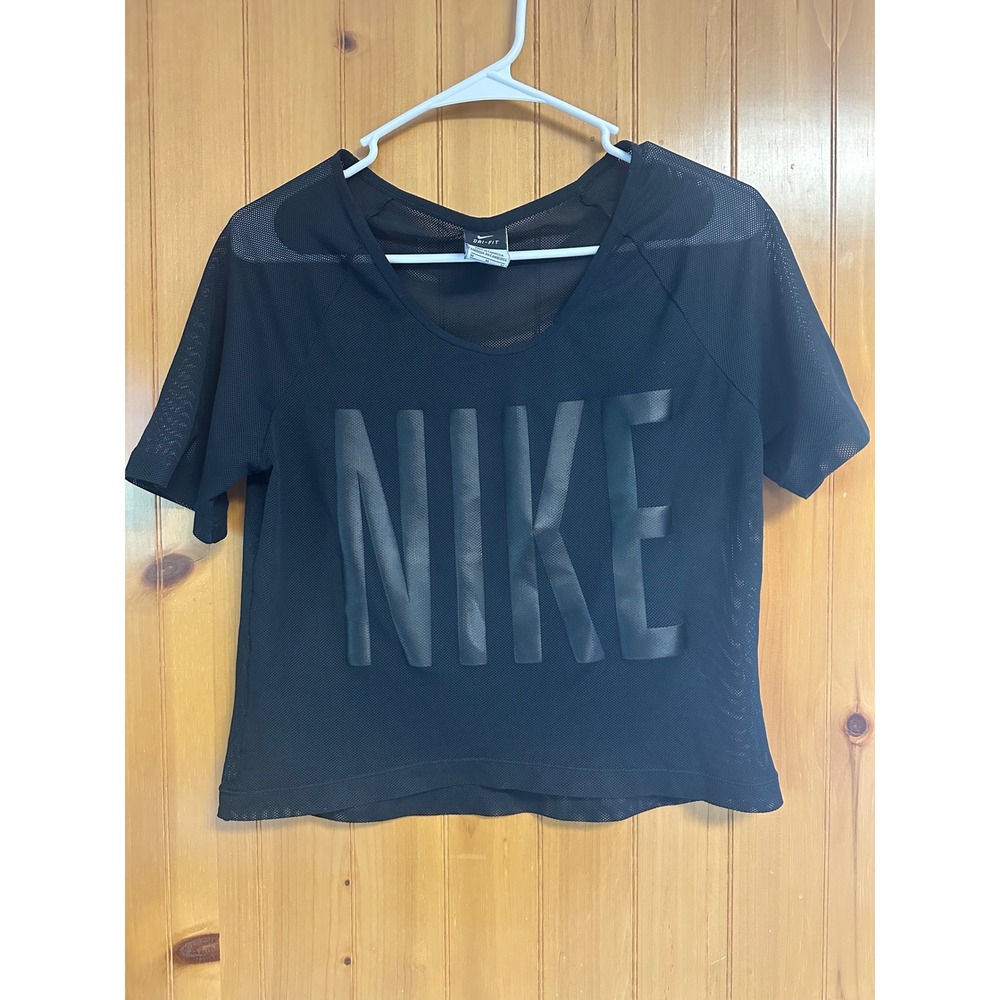 Nike Dri-FIT Womens Black Mesh Crop Top Tonal Logo Training Shirt Medium